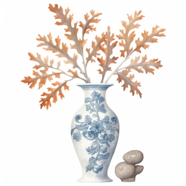 Design a dreamy watercolor clipart of a chinese-inspired Branches of oak leaves with acorns arranged in a tall vase, bringing a touch of nature's beauty to the arrangement composition, hand-painted with soft and graceful brushstrokes. Draw inspiration from the artistic finesse of Ethereal Petals Watercolors for a refined and ethereal depiction. isolated on a white background, hand-drawn illustration, hand-painted watercolor texture, 16k UHD resolution, intricately detailed, sharp focal points, d