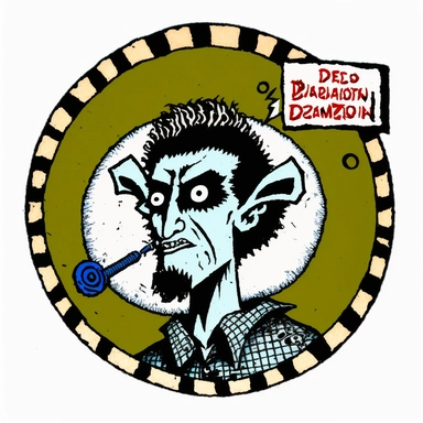 sheep designer, Basil Wolverton, Dungeons & Dragons, handpainted punk zine fashion poster, clipart illustration, circle white background, circle border