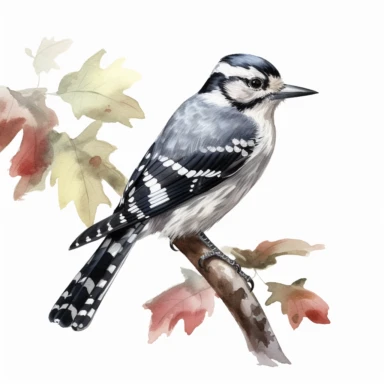 a single watercolor Downy Woodpecker sitting on a leafy branch clipart, hd, white background, spaced out