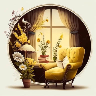 Bookworm cozy reading corner, flowers, window, yellow and white color, clipart