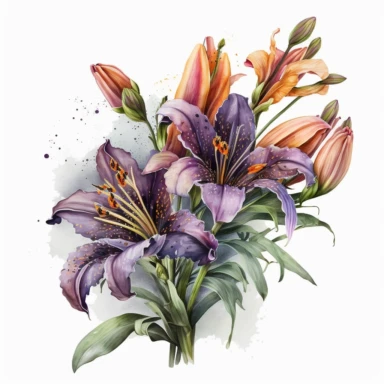 Watercolor realistic detailed purple tiger lily bouquet clipart, white background, no text