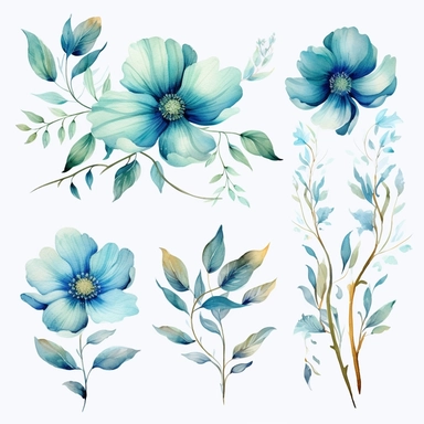 realistic watercolor aqua floral cliparts white background