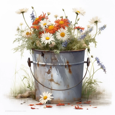 106340 watercolor for a clipart with a white background of wildflowers growing in a rusty metal bucket, hyperrealism, painted by Bo Bartlett