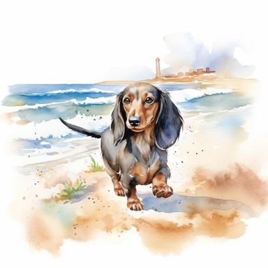 Dachshund taking a leisurely stroll along a sandy beach, with the gentle waves and seashells in the backdrop, capturing the joy and freedom of a beach outing, white background, watercolor clipart.