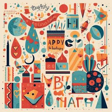 pictures happy birthday happy birthday word free clipart, in the style of mid-century illustration, cheerful colors, ornamental details and embellishments, graphic illustration, energetic mark making, bright palette, storybook illustration