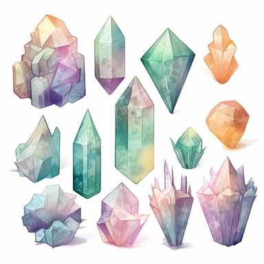 Pastel spooky crystals clipart image, in the style of mystic mechanisms, subtle pastel tones, pencil art illustrations, soft pastel tones, reimagined by industrial light and magic, litho printing, illusory images, watercolor clipart