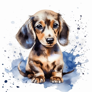 Clipart, watercolor, white background: A cute dachshund puppy with floppy ears and a wagging tail, melting hearts with its irresistible charm.