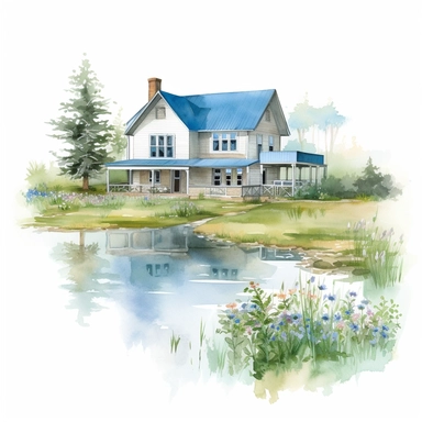Visualize a clipart-style watercolor illustration of a detailed farmhouse surrounded by wildflowers on a summer day, set against a clean white background. Render the ranch-style farmhouse, painted with vivid blues and bright greens against a clean white background. The farmhouse nestled beside a shimmering pond. Paint the farmhouse in soothing blues and greens to mirror the tranquil waterside setting.The composition should place the farmhouse centrally, emphasizing its intricate details and summ