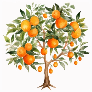 A colorful watercolor orange tree clipart in PNG format, vector, with a white background and easy to cut out