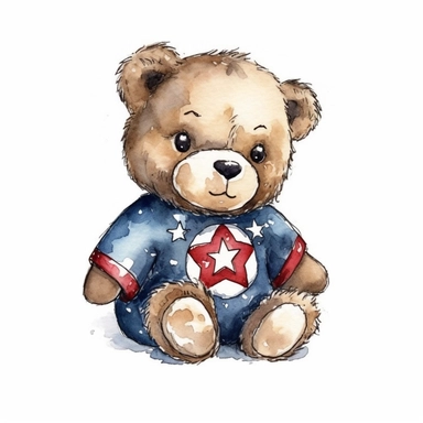 watercolor clipart super cute baby teddybear in superhero Captain America Clothes, Neal Adams