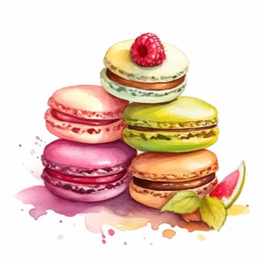 Macaroons with various fillings like raspberry, chocolate, and pistachio clipart, white background, watercolor sophisticated drawing