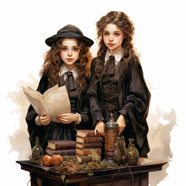 Hand drawn Vintage style Harry Potter creepy wizard schoolgirls and books , full body, no background, watercolor, witchcraft, magical mystery art, cartoon style, very detailed, 8k ,clipart,no shadow,single design, print on demand image, PNG transparent ,white background for removing background - - no text shadow font watermark