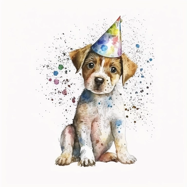 Cute funny puppy in birthday hat watercolor clipart on white background full body