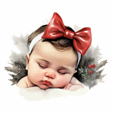 watercolour style cute chubby size baby girl curled up asleep frowning her eyebrows dribbling from mouth a red bow on head fine details Christmas tree behind wide background png plain background clipart