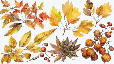 watercolor fall illustration. autumn leaves, sunflower, maple leaf, rowan berries, oak, acorn arragement. thanksgiving clipart , expressionism art style, high quality, high resolution, clean detailed