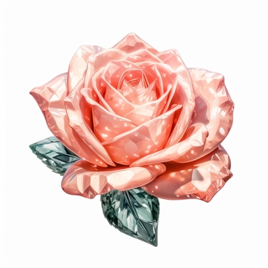 clipart of a realistic rendering of a peach-pink rose made out of pure diamond and emerald on a white background, in the style of extremely detailed, sculpted, geometrical, mineral, expensive, 8k