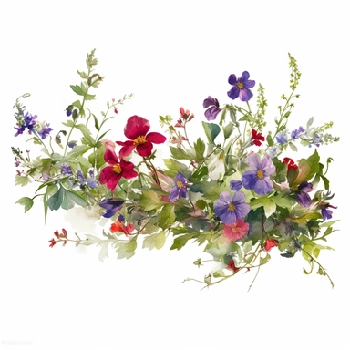 watercolor a simple gorgeous wildflowers and flowers garland with greenery on white background clipart, deep purple, emerald green, and ruby red color theme, watercolor painting realistic, high quality, vibrant, Vicente Romero Redondo, Willem van Aelst, Elsa Beskow