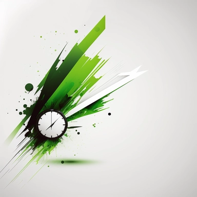 an green arrow facing up-right diagonal and a abstract clock, white background,simple, technological, friendly, easy, abstract, forms, clipart, sophisticated, generic, premium, hollistic, powerfull, peacefull, clean