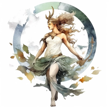 Fantasy Style Ancient Rome style Diana God and A crescent moon on her head with watercolor effect,Bay leaves,suitable for digital clipart,white background,Mythologic Scene,Ancient rome fashion,full body