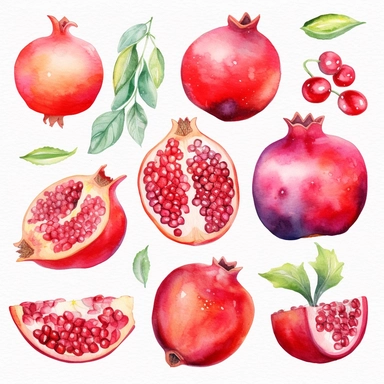 watercolor set summer clipart juice red pomegranate on a white background, in the style of illustrated advertisements, dark turquoise and light magenta, realistic portrait drawings, grocery art, instax film, creative commons attribution, storybook illustrations, no watermark, 300 DPI, typography, the images do not stick together, no text in the picture,