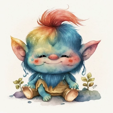 a watercolor clip art character illustration that combines the innocent and angelic expression of Precious Moments with the mischievous and magical attributes of Trolls.
