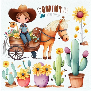 watercolor cute cartoon drawing, a garland of balloons ,pastel cute little Cowboys Clipart, sweet little girl Cowgirl Clipart, Cowboy Clip Art, Wild West Clipart, Sheriff Clipart, Western Clipart, Western Cowboy, sunflowers, a wooden cart, cute horse ridi