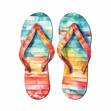 Watercolor Flip flops seen from above - casual footwear, perfect for hot summer days at the beach or pool clipart, HD, on white background, spaced out