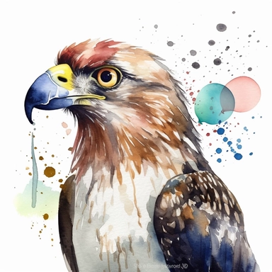 please create watercolor clipart of a hawk smiling, wearing party props and bubbles, colorful, WHITE BACKGROUND