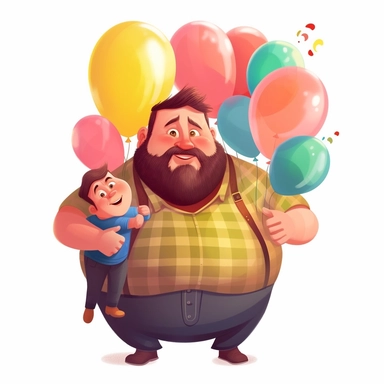 fathers day clipart, fat father holding many besutiful baloons, hugs tightly with son, cartoonic, cute