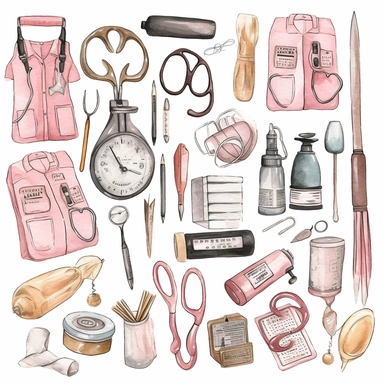 hand drawn doctor, set of medicle doodle clipart, health care clipart, nurse tool clipart, first aid suupply, isolated white background, single design, sharp, bold , sweet pink, cream, gold, hand-painted watercolor