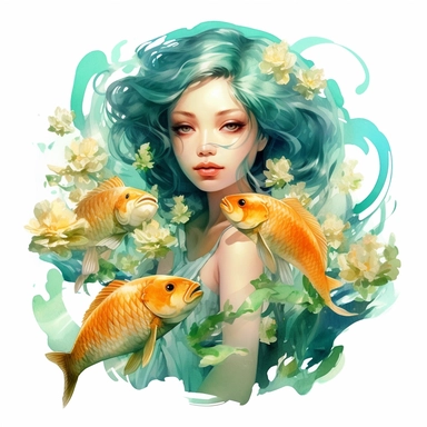 Pisces zodiac sign as fantasy beautiful girl surrounded by two golden Nishiki-goi fish, water, sea green, water theme, water Lily, Watercolor pisces Zodiac Sign Clipart, 8k, detailed white background, uplighted
