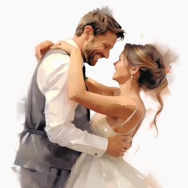 watercolor, drawing, illustration of bride and groom, bride short haircut, laughing, wedding dance, clipart, high resolution format, photorealistic, 3D. 4K