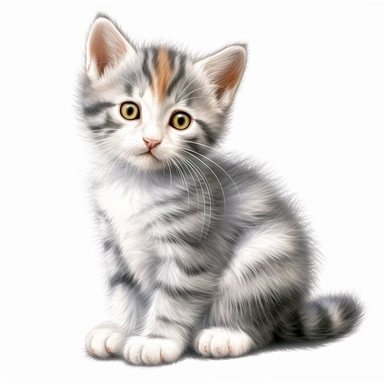 hyper-realistic clipart of an adorable kitten on a white background. The kitten should be in a playful pose, capturing its youthful energy and charm. Use soft pastel colors to evoke a sense of sweetness and innocence. Pay attention to the fine details of the kitten's fur, whiskers, and expressive eyes. Emphasize the cuteness and irresistible appeal of the kitten's features. Include delicate shading and texture to add depth and dimension to the clipart. Ensure that the kitten stands out prominent