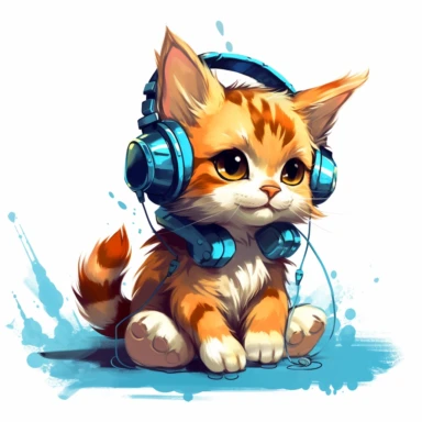 cute kitten listening to music in the style of skottie young, clipart