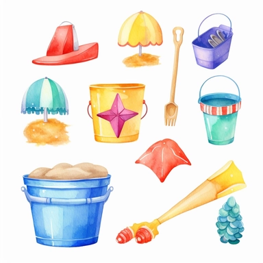Watercolor Summer, beach, Clipart, bold colors, toy bucket and shovel sticker pack