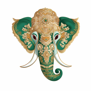 Flat illustration, Delicate embroidery depicts the head of traditional Chinese elephant head dance, with green and gold as the main colors, bright lighting, unimaginable details, a lot of negative white space, uhd, 16k,white background, clipart