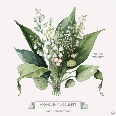 A watercolor clipart featuring a delicate bouquet of muguet (lily of the valley) flowers. The flowers are depicted with intricate details, capturing the texture and delicacy of each petal and leaf. The bouquet includes a variety of muguet flower types, such as small sprigs with delicate flowers and long stems with clusters of blooms. The watercolor technique used in the painting gives the image a soft, dreamy quality, with the colors blending together in a way that suggests movement and life. Th