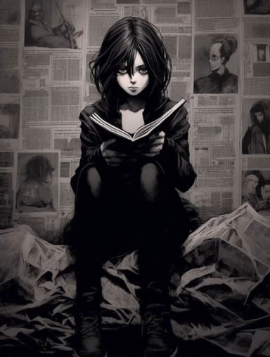 a newspaper clip art illustration for an ANIME GIRL, in the style of large-scale murals, dark palette chiaroscuro, movie poster, mori kei, captivating documentary photos