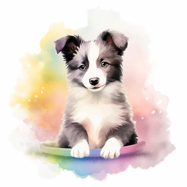 A watercolor painting clipart of a cute baby border collie, rendered in delicate rainbow pastel watercolor tones.