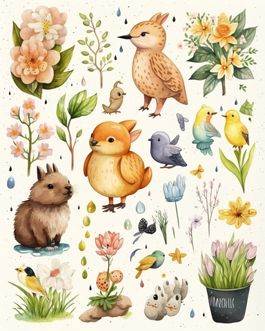 a bunch of watercolor illustrations of flowers and animals, spring theme, greeting card, lilies and daffodils, digital art emoji collection, stickers illustrations, springs, spring, clipart, seasons!! : ? ☀ ? ❄, springtime, easter, warm spring, penned illustrations, spring flowers, spring season, clipart icon, sprong season, spring time, various backgrounds