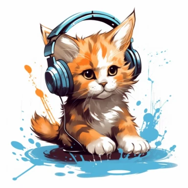 cute kitten listening to music in the style of skottie young, clipart