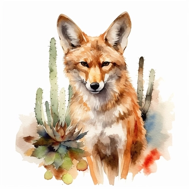 watercolor painting of a Coyote, clipart, watercolor clipart, watercolor splashes, illustration, artsy, desert, warm colors, cactuses, white background