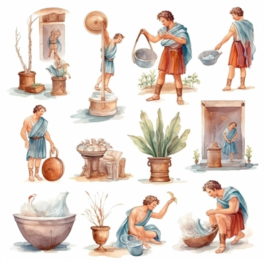 Watercolor roman people performing daily tasks , illustrations clipart set, simple, , cartoon elements, different variants , , marble elements, separate elements with a margin