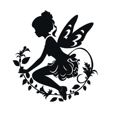 the image of a black Pixie playing on white is shown, in the style of stencil art, heavy outlines, flickr, hard edge, sculpted, woodcut, clipart cut file cuttable cricut vector