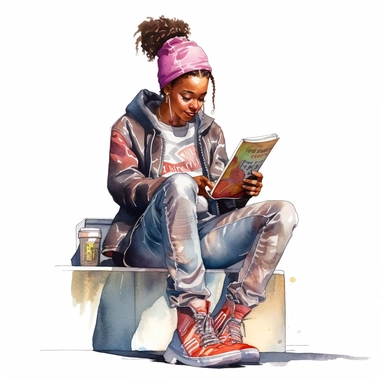 watercolor clip art image of a black teenage girl wearing hip-hop clothes holding a magical book, waiting at a bus stop