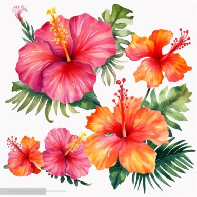 Watercolor Tropical Hibiscus Clipart by Thomas W. Schallerof: A vibrant and exotic design featuring tropical hibiscus flowers in shades of pink, orange, and red on a white background. The flowers are different-size and bold, while the leaves are thick and tropical, creating a lively and festive composition