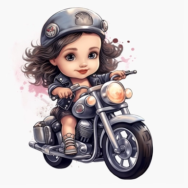 clipart of cute and cool baby girl on a harley davidson multicolor white background