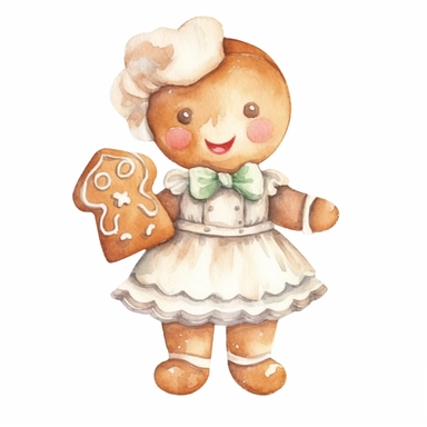 a watercolor nursery gingerbread girl cookie illustration clipart, clean background, white background, isolated on white
