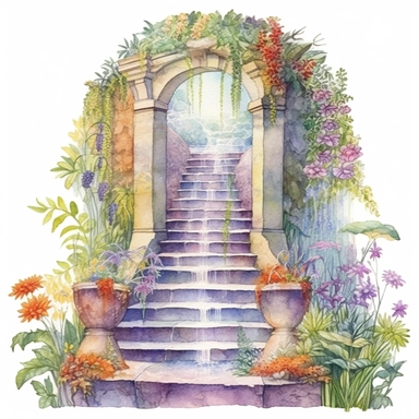 clipart, watercolor stair leading toward a waterfall, in the style of intricate, delicate flower and garden paintings, stone, rough clusters, small brushstrokes, arched doorways, colorful gardens, white background