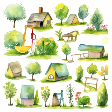 simple cartoon watercolor Lawn clipart set